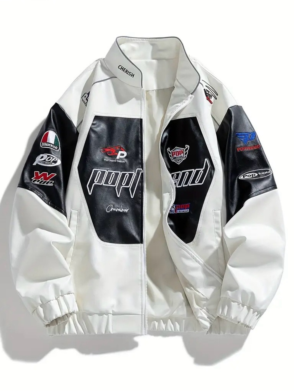 Aelfric Eden White & Black motto Racing Patch Bomber faux leather Jacket
